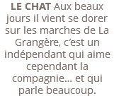 LE CHAT Aux beaux jours il vient se dorer sur les marches de La Grangère, c’est un indépendant qui aime cependant la compagnie… et qui parle beaucoup.